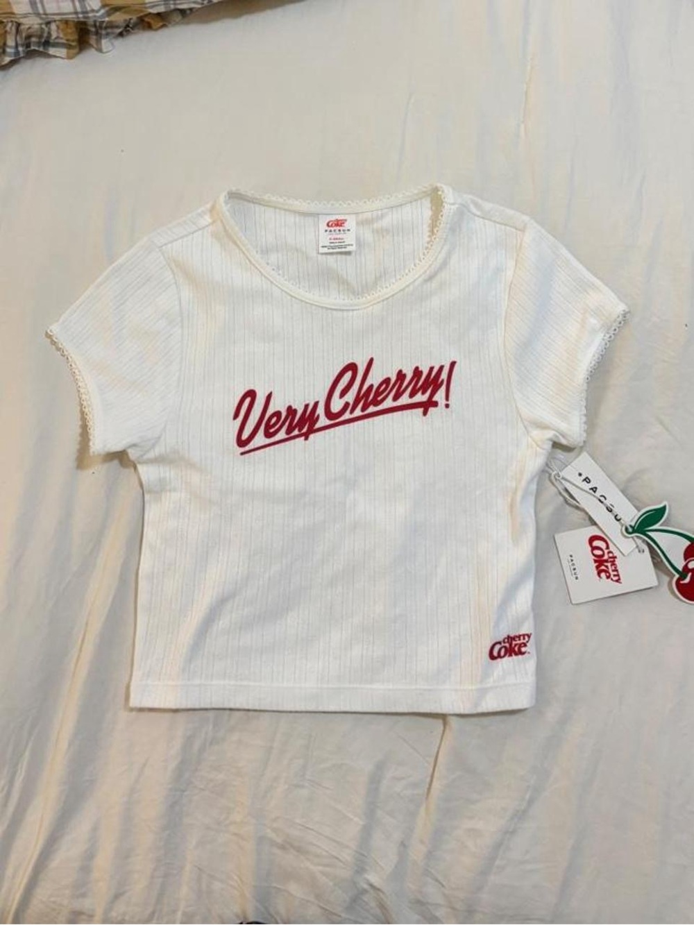 PacSun White 'Very Cherry' Ribbed Tee with Red Script